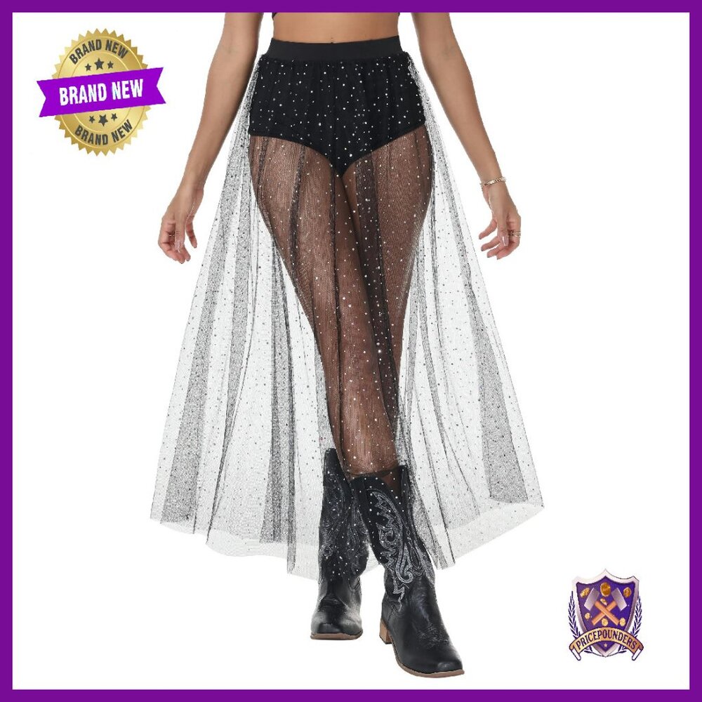 Gothic Sheer Maxi Skirt High Waist Flare Festival Rave Clubwear